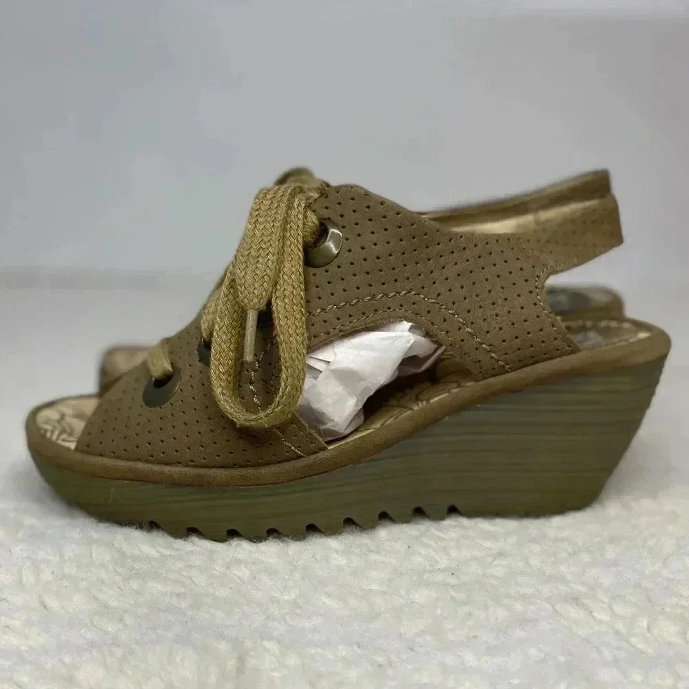 Fly London Women’s‎ Yiva Perforated Brown Taupe Wedge Pump Sandals 36 US 5.5-6